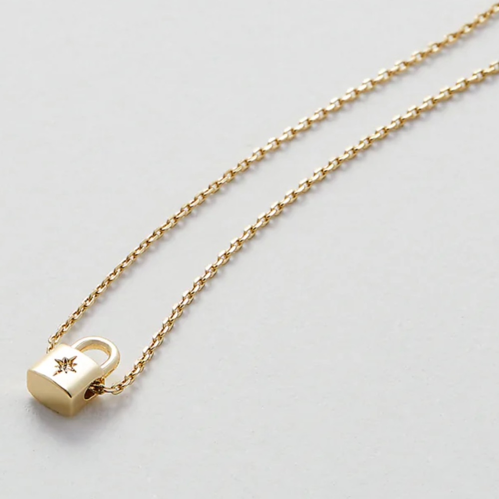 16-20” 14k gold finished lock necklace with crystal in center